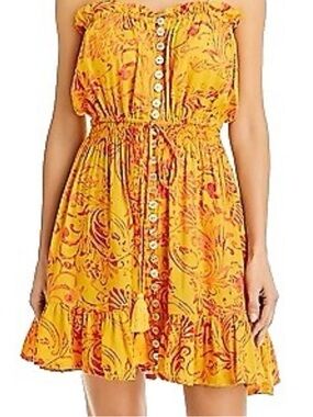Tiare Hawaii Yellow Floral Button-Front Strapless Mini Dress NWOT